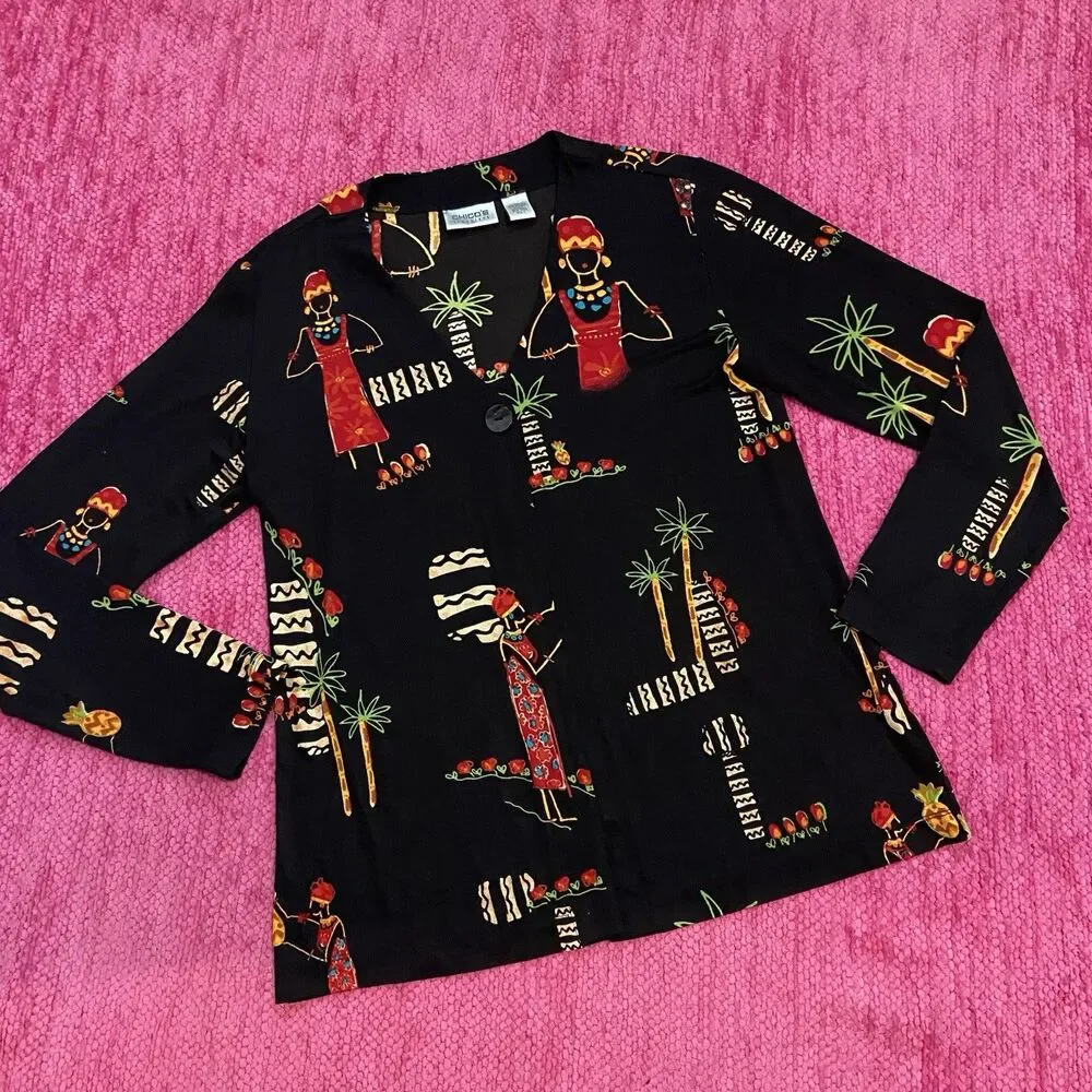 Chico’s Travelers Lightweight Cardigan Topper Jacket Black Tropical Size 1 (M/8)